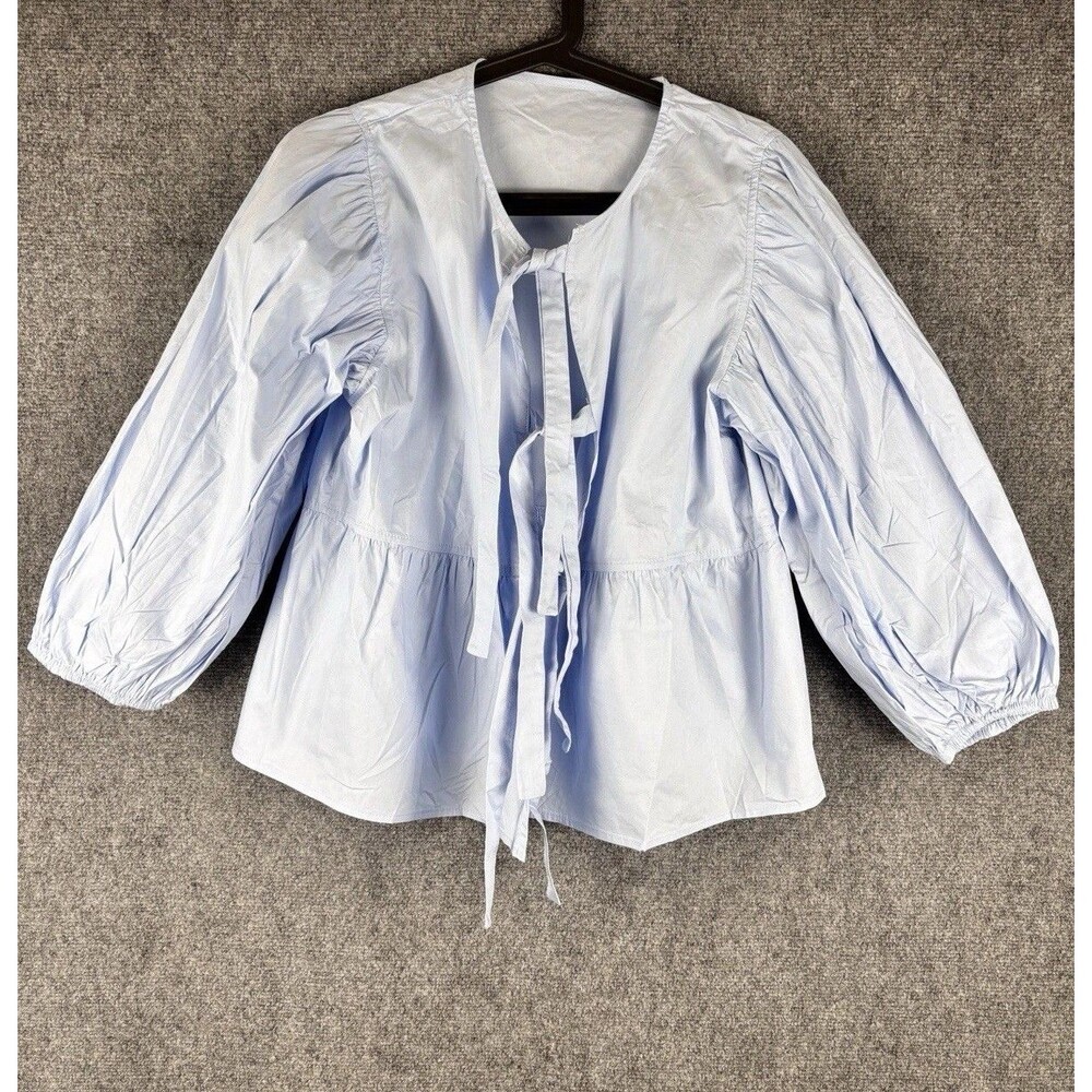 Womens XL Light Blue Peplum Top Tie Front Puff Sleeve Summer Blouse NWT